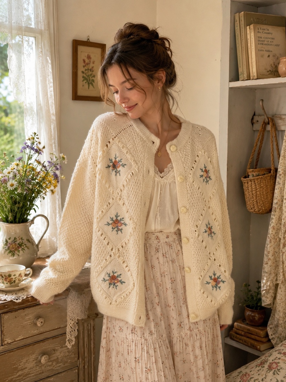 Vintage Mizaro Sara Embroidered Cardigan Ribbon Lattice 3D Rosettes